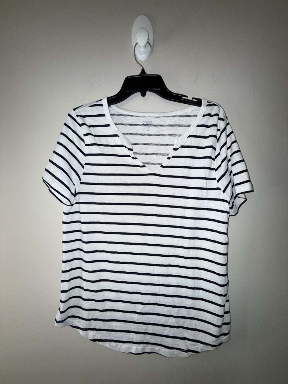 Market & Spruce White and Black Striped V-Neck Short Sleeve T-Shirt